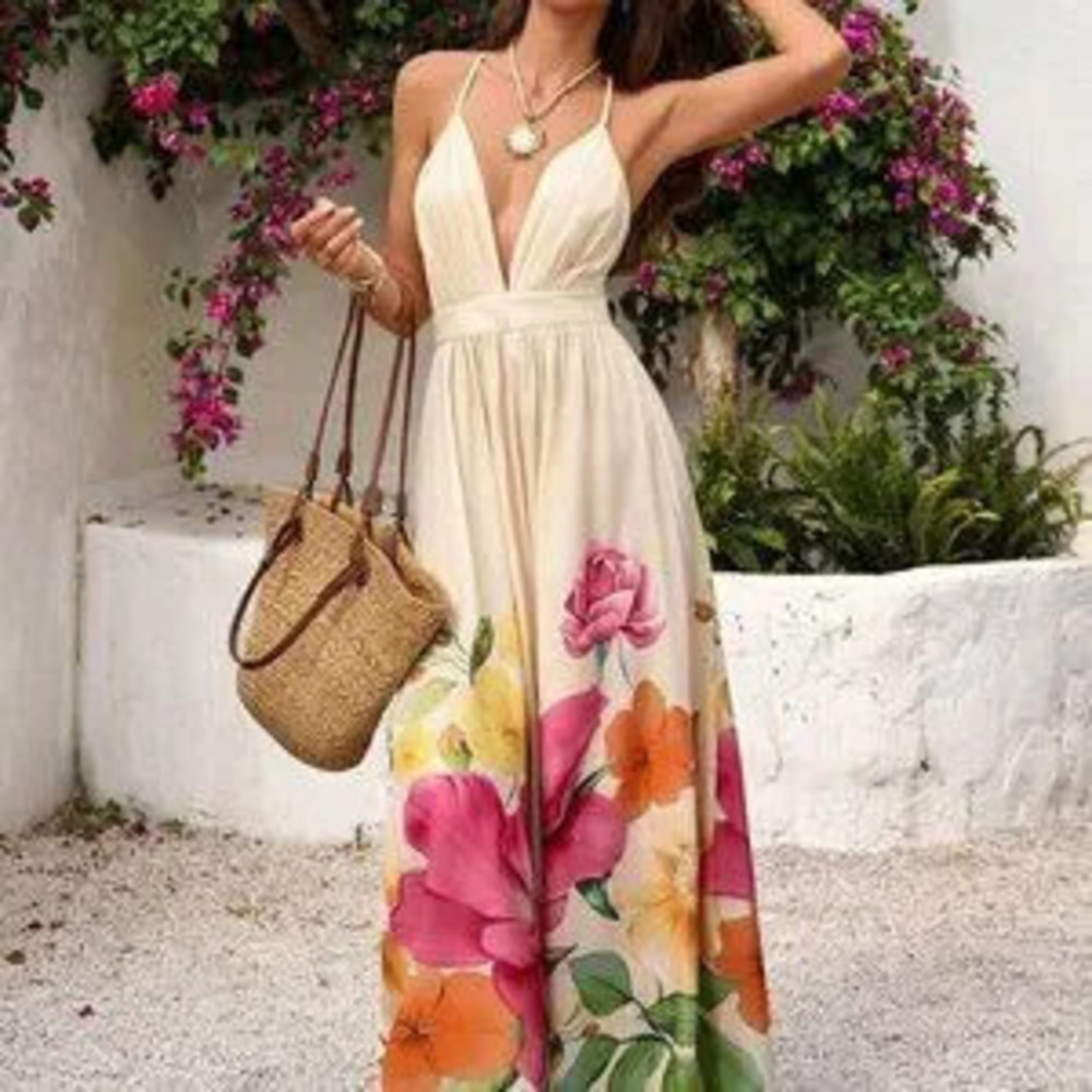 Multicolor Boho Vacay Women's Floral Print Deep V Neck Backless Maxi Dress - Picture 3 of 7